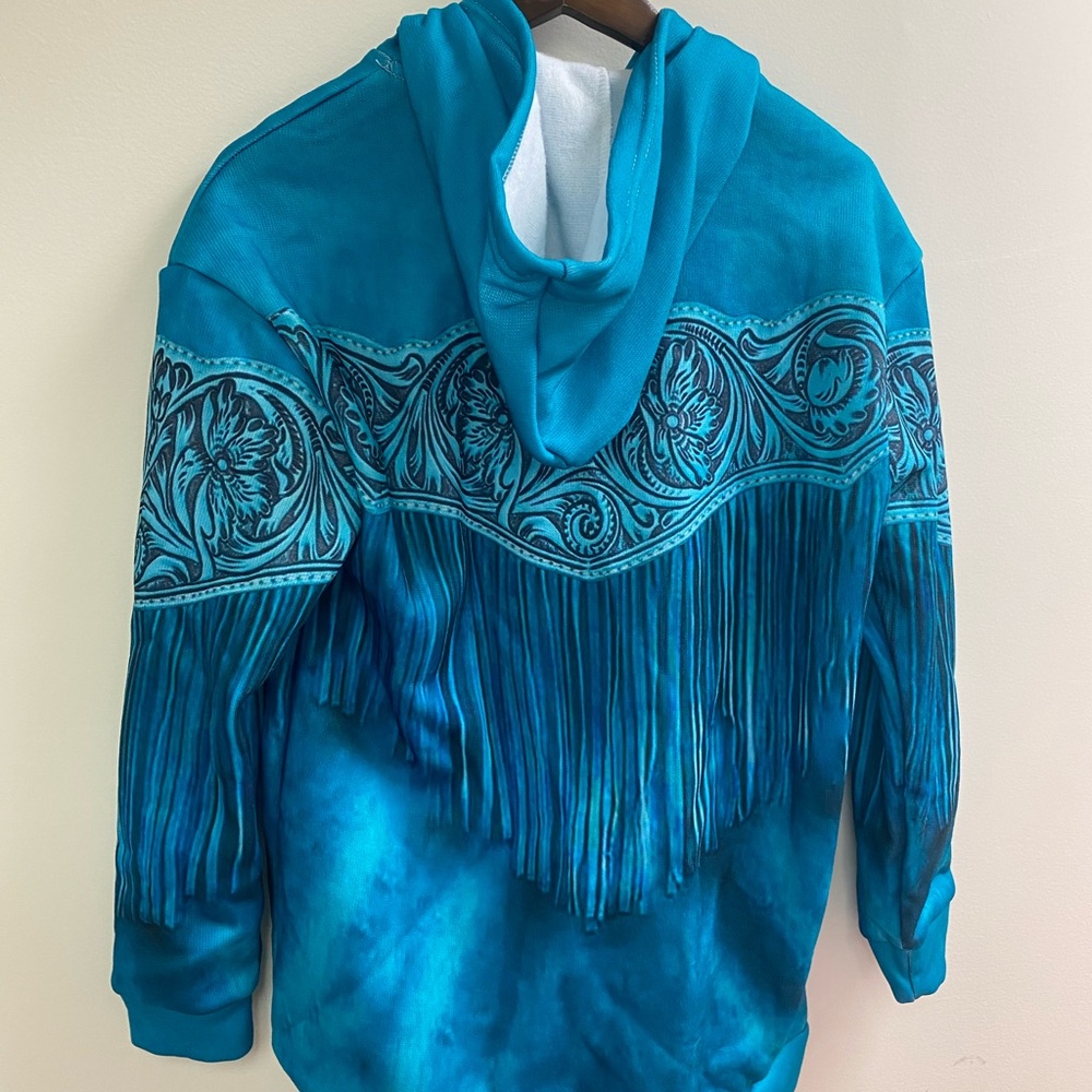 NWOT Turquoise patterned buttoned up hooded sweater - Picture 2 of 5